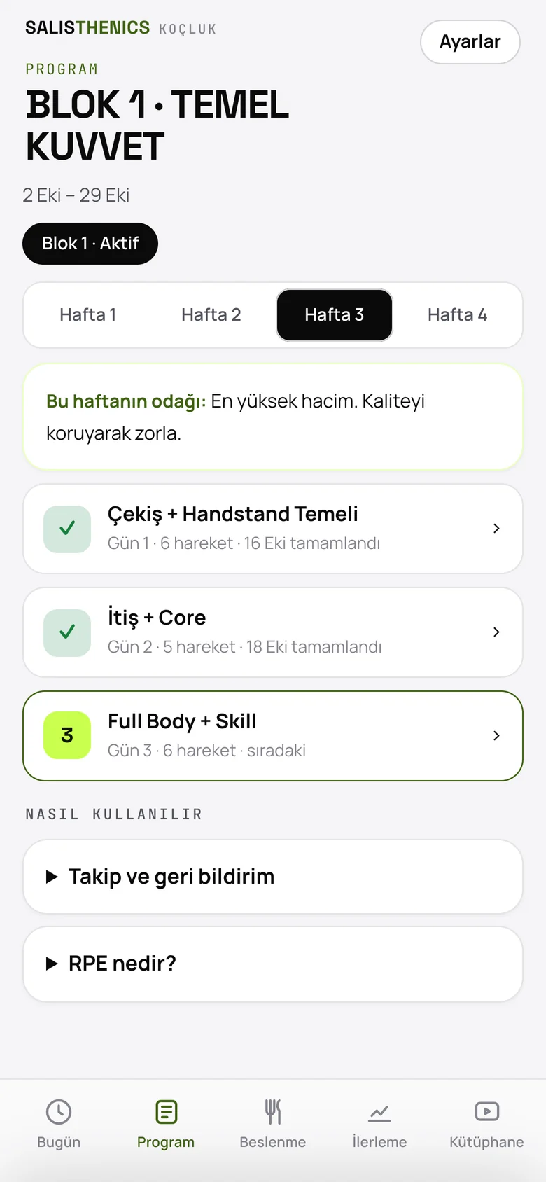 Program ekranı: blok, haftalar ve gün kartları