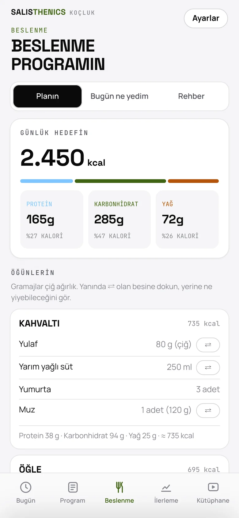 Beslenme ekranı: günlük kalori, protein, karbonhidrat, yağ ve öğünler