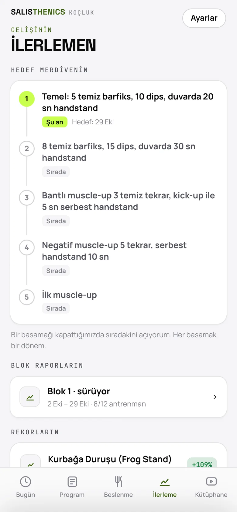 İlerleme ekranı: hedef merdiveni, blok raporları ve rekorlar