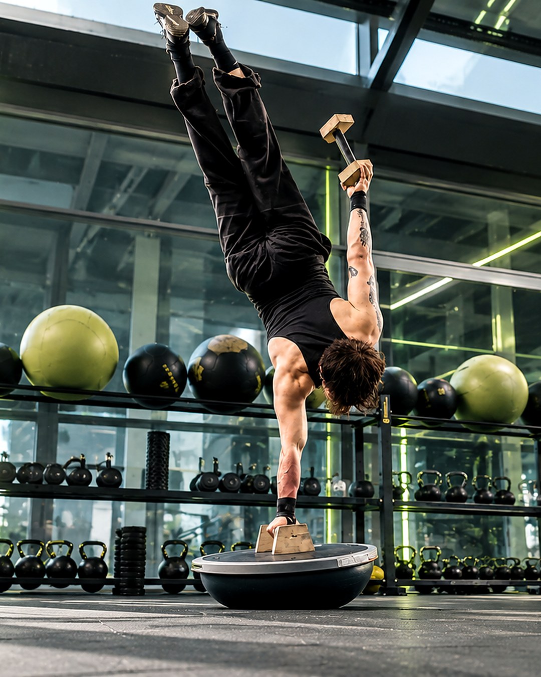 Salim Seçmen bosu üzerinde tek kol handstand